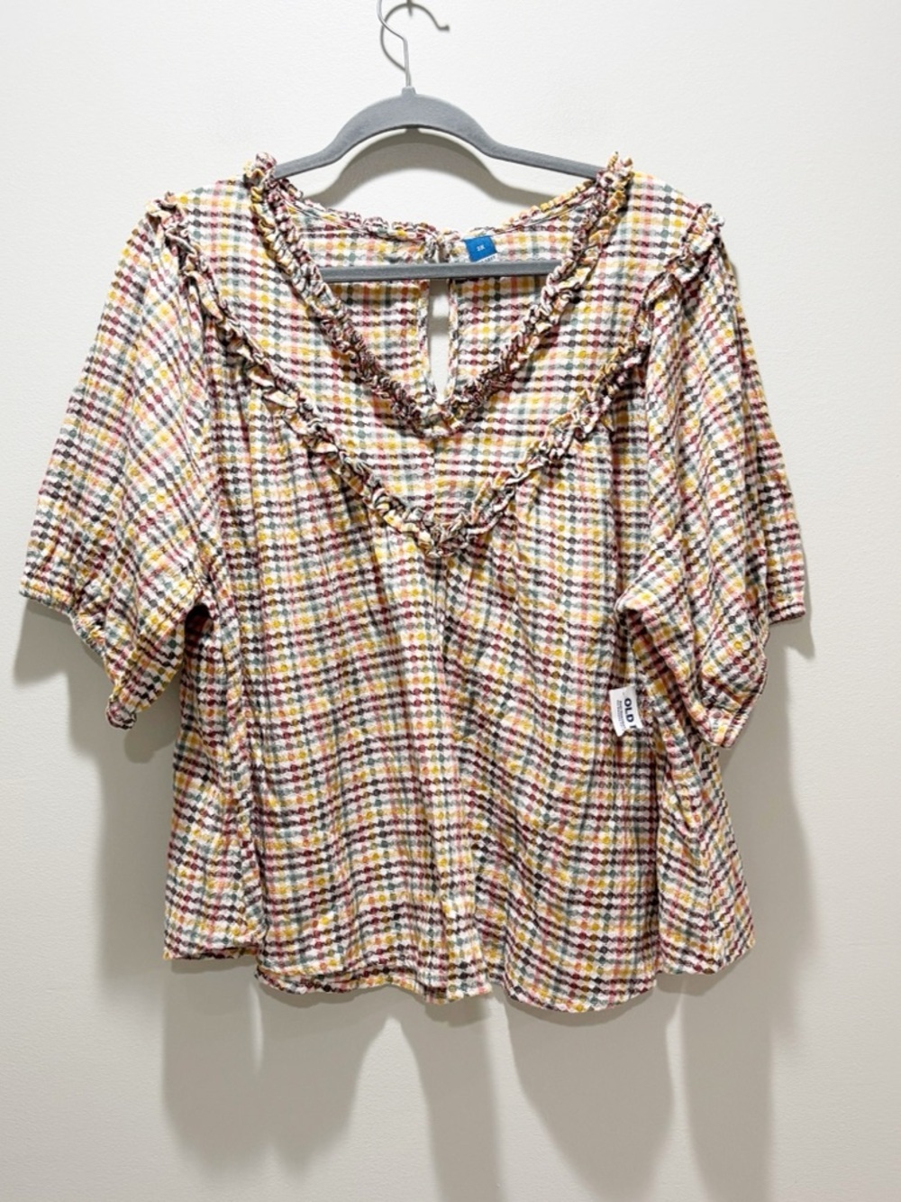 Old Navy Multicolor Plaid Ruffle V-Neck Peasant Cotton Pilgrim Blouse NEW Sz 2X